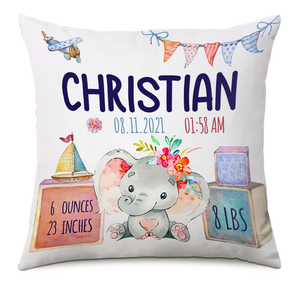 Personalized Elephant Baby Birth Announcement Pillow Db62 85O66