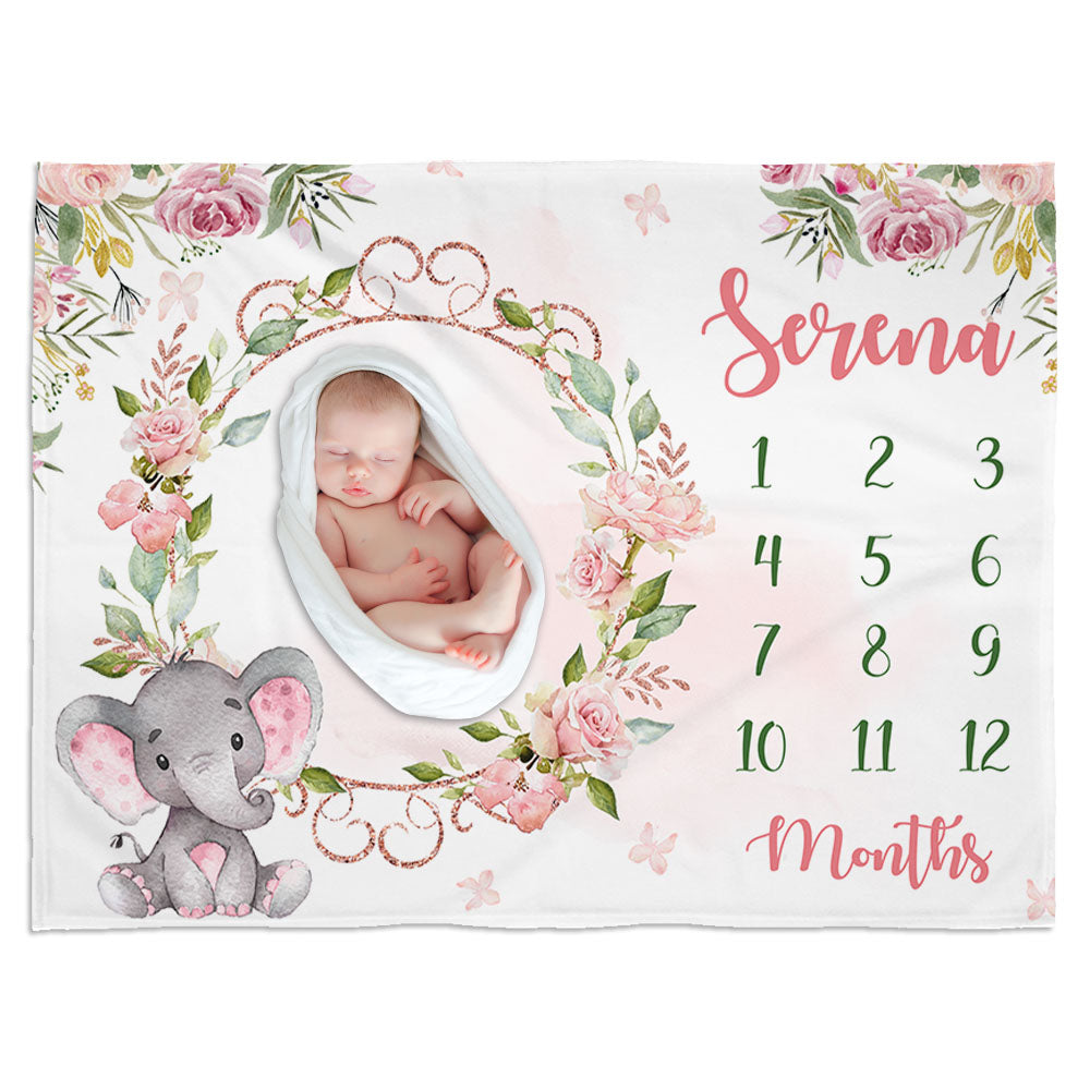 Rose Floral Wreath Woodland Elephant Baby Custom Name Milestone Blanket Baby Month Blanket For Baby H2511