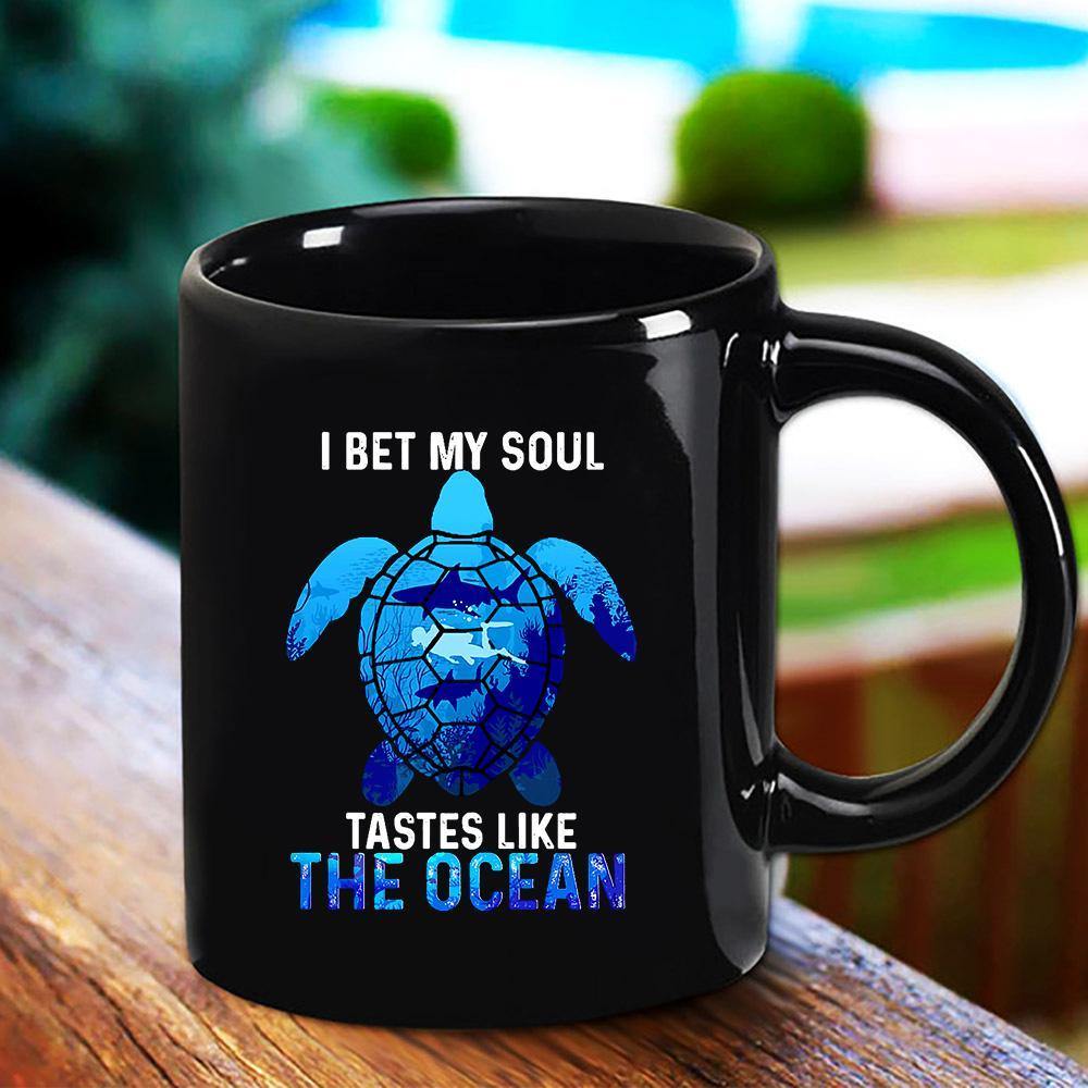 Turtle I Bet My Soul Scuba Diving Man Tastes Like The Ocean Ocean Animal Love Black Mug