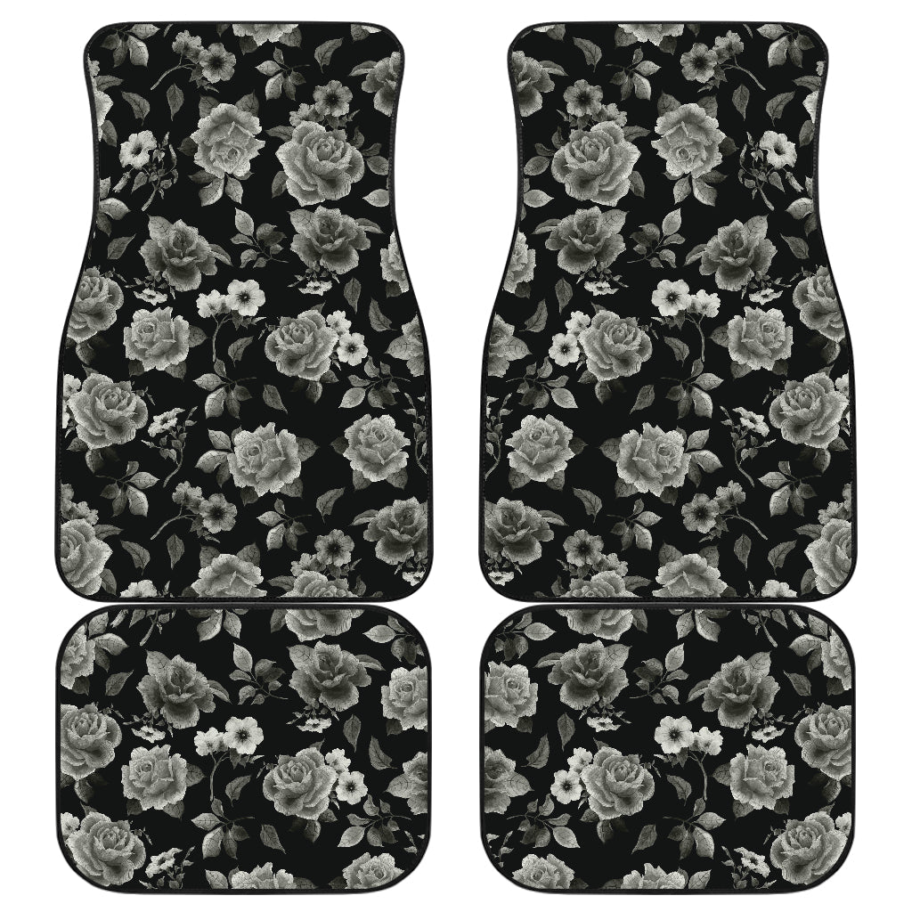 Monochrome Rose Floral Pattern Print Front And Back Car Floor Mats, Front Car Mat