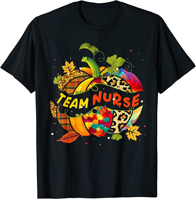 Team Nurse Thanksgiving Colorful Pumpkin Plaid Leopard Nurse T-Shirt