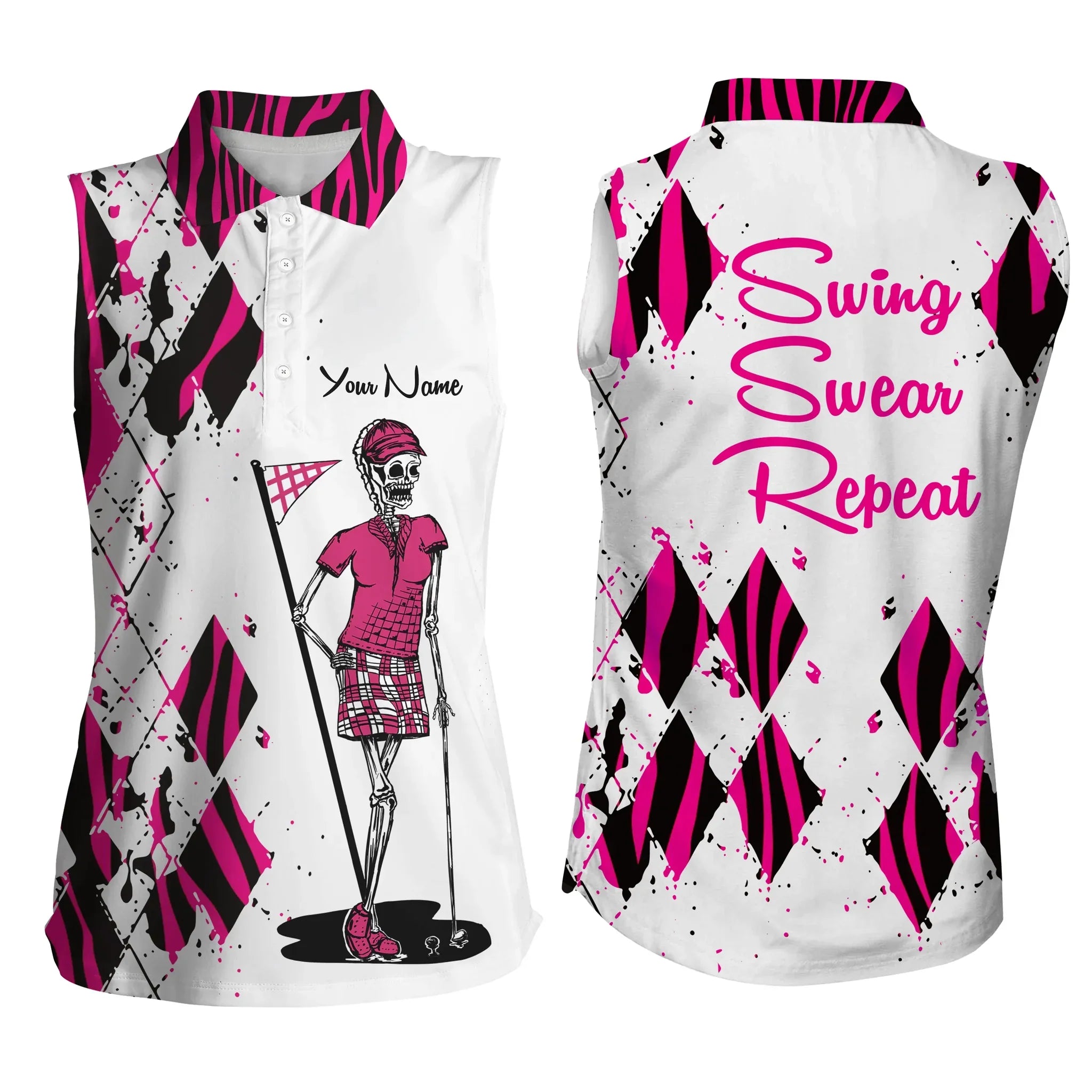 Women Sleeveless Polo Shirts, Custom Ladies Golf Skull Pink Zebra Pattern Golf Shirt Swing Swear Repeat