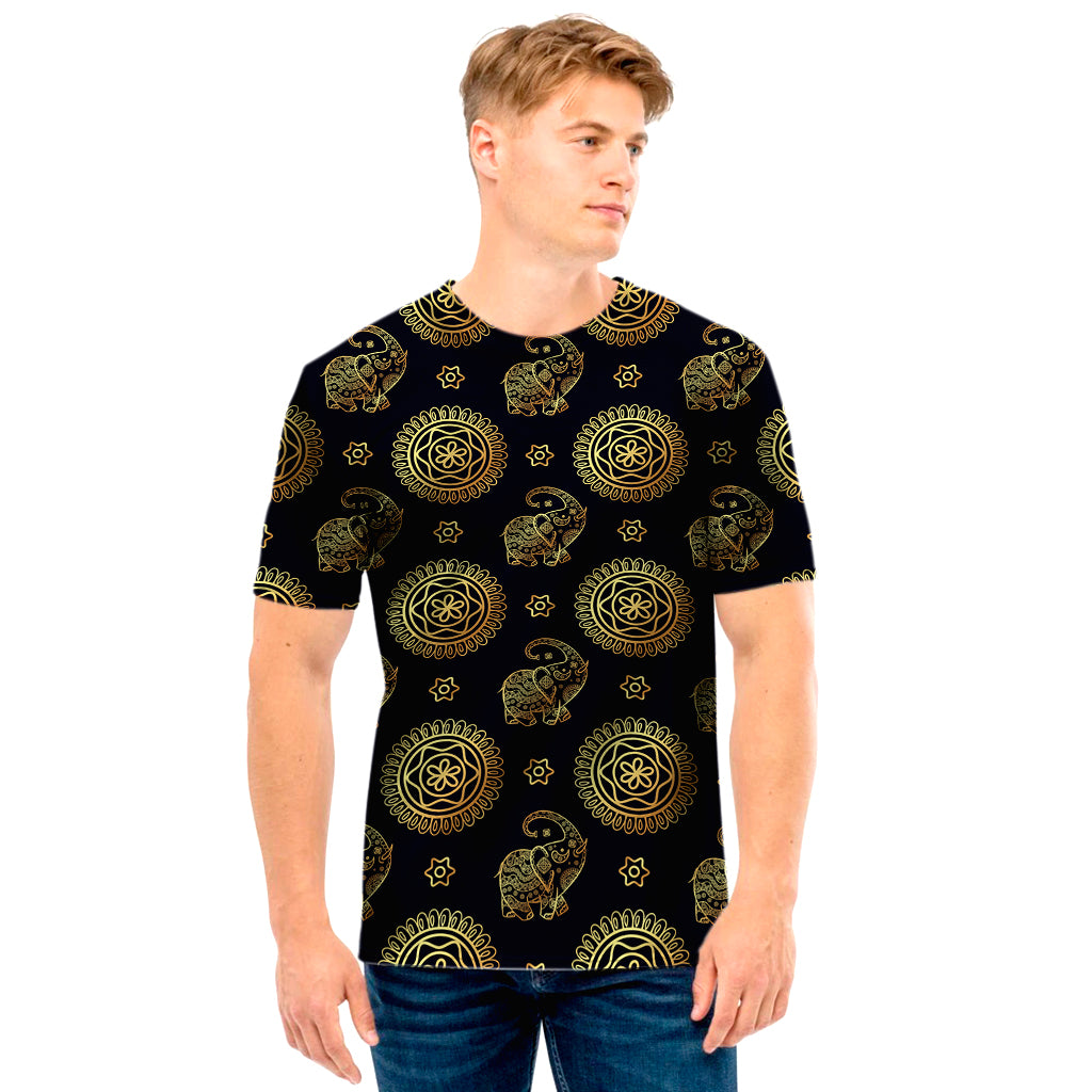 Blue And Gold Tribal Elephant Print Men’S T-Shirt