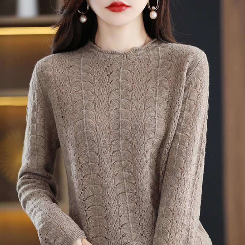 100% Pure Wool Ladies Round Neck Pullover Sweater Solid Color Hollow Fashion 2022 Spring And Autumn New Loose Knitted Top alx