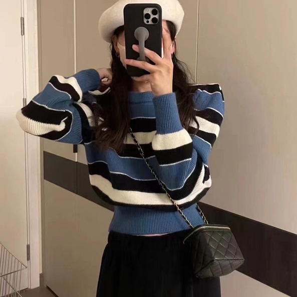 Cropped Sweater Women O-neck Puff Sleeve Sweet Jumper Pull Femme 2022 Ropa Mujer Fashion Korean Knitted Striped Pullovers Tops alx