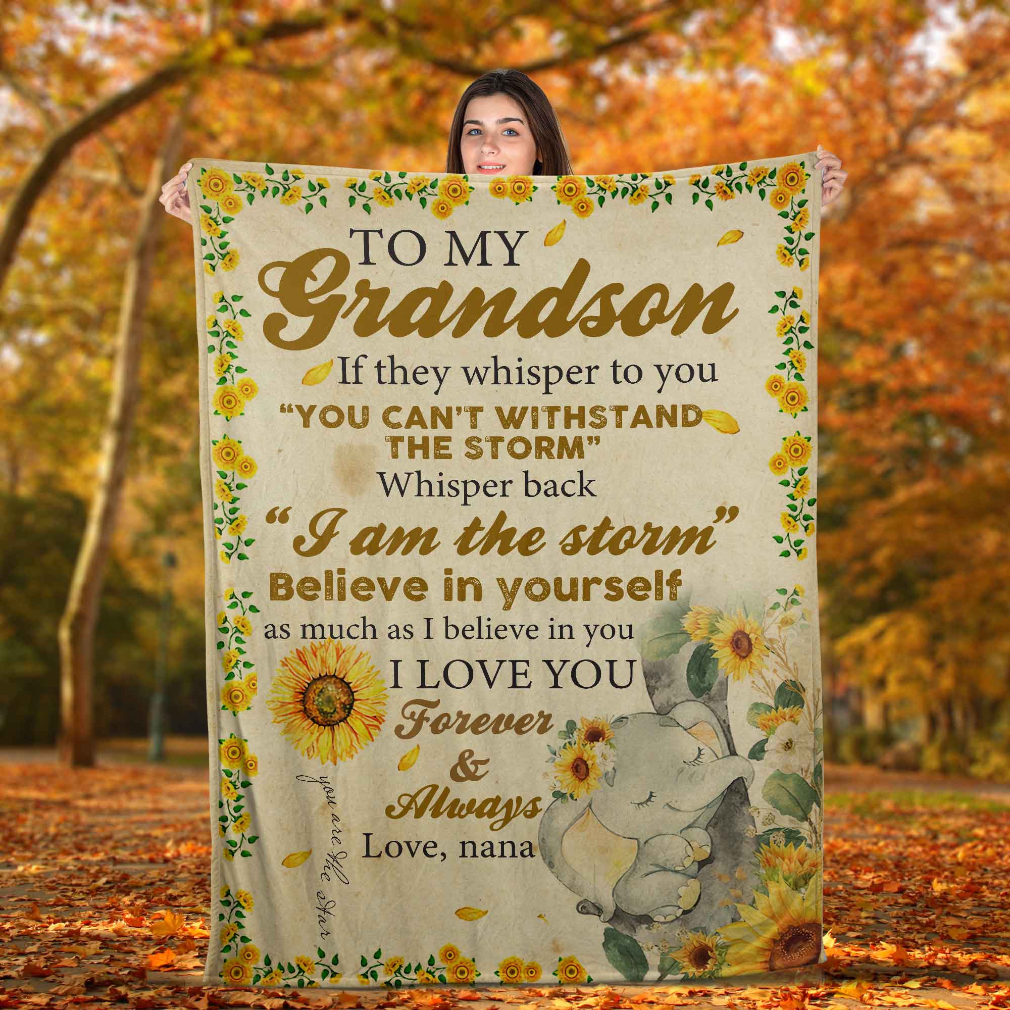 Skitongifts Blanket For Sofa Throws, Bed Throws Blanket – Elephants Sunflower Nana To Grandson I Am The Storm I Love You Forever And Always-Tt1201