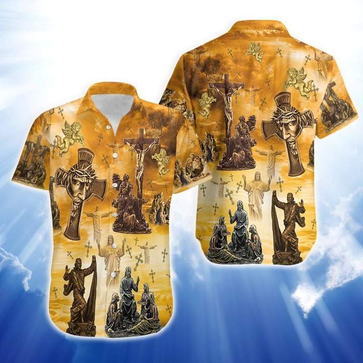 Unifinz Jesus Hawaii Shirt Bronze Cross Statue Yellow Aloha 2022 Ha60117