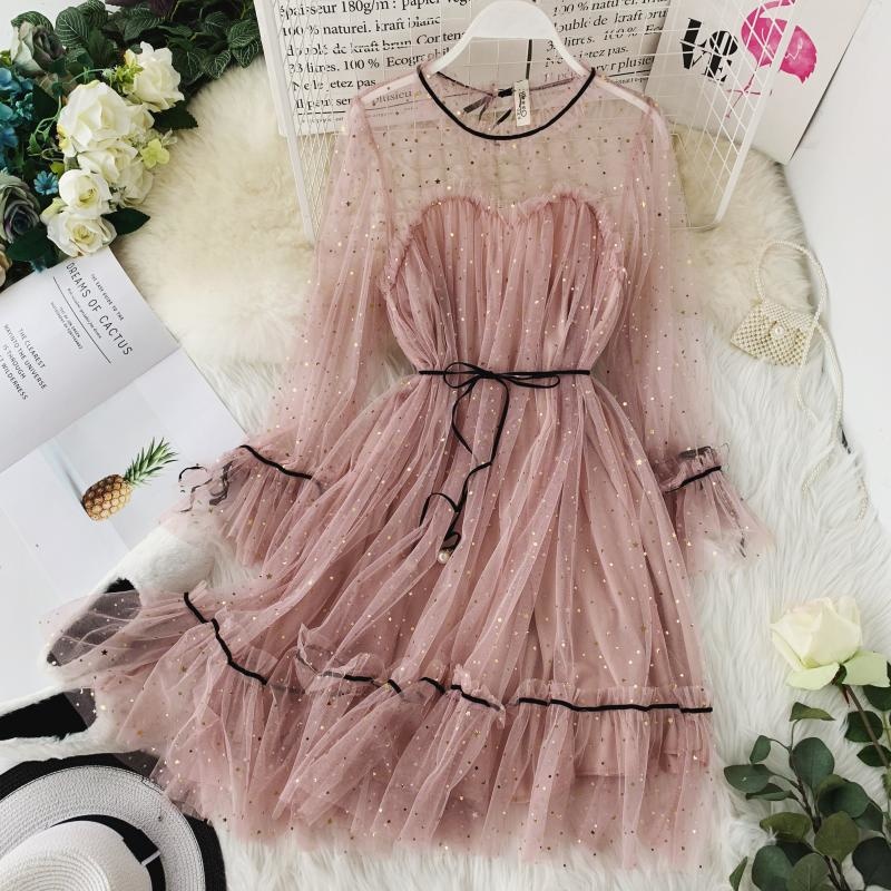 2021 star sequin skirt mesh gauze bell sleeves high waist belt wide loose doll skirt A-line puffy princess dress Z872 alx