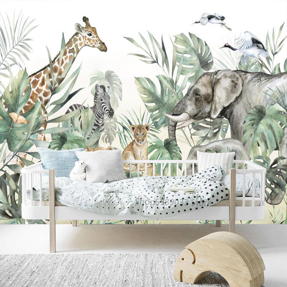 Colorful Hand-paint Jungle Animals 3D Wallpaper Murals Giraffe Tiger Elephant Baby Wall Paper Nursery Bedroom Renovation Decor alx