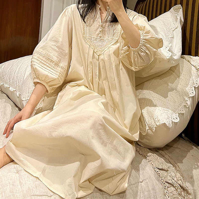 Vintage Pure Cotton Long Night Dress Women Spring Autumn Nightie Loose Robe Victorian Nightgowns Princess Sleepwear Nightdress alx