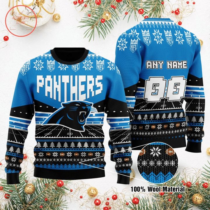 Carolina Panthers Custom Name Number Gift For Fan Ugly Wool Sweater Christmas V3