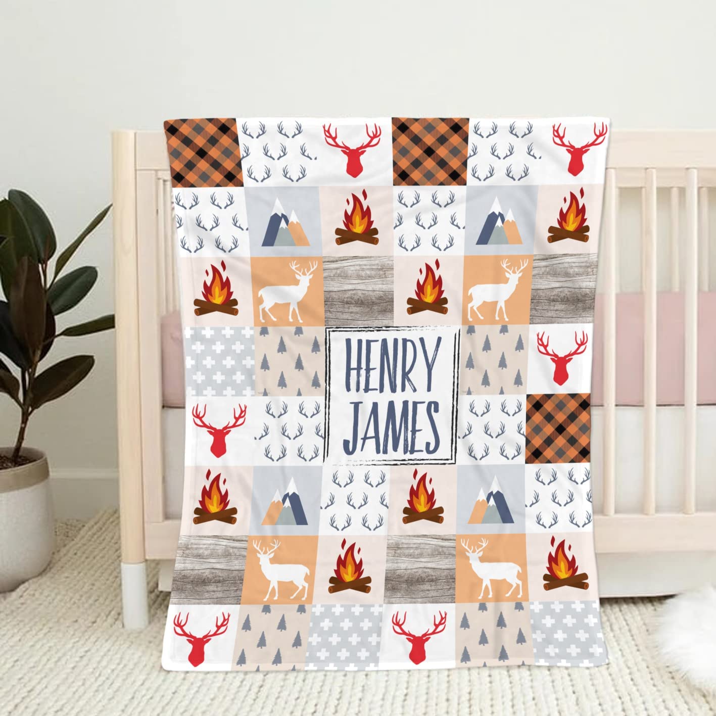 Personalized Woodland Nursery Blanket,Camper Woodland Animals Blanket,Baby Boy Woodland Blanket