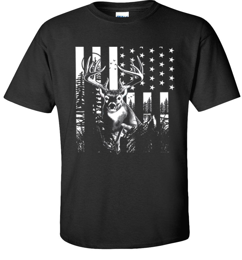 Buck American Flag T-Shirt Deer Elk Whitetail Hunting Adult