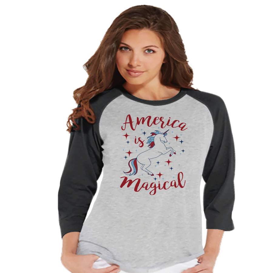 Women’s Unicorn Shirt – America is Magical – 4th of July Shirt – Unicorn T-shirt – Womens Grey Raglan Tee – Patriotic Unicorn – Gift for Her