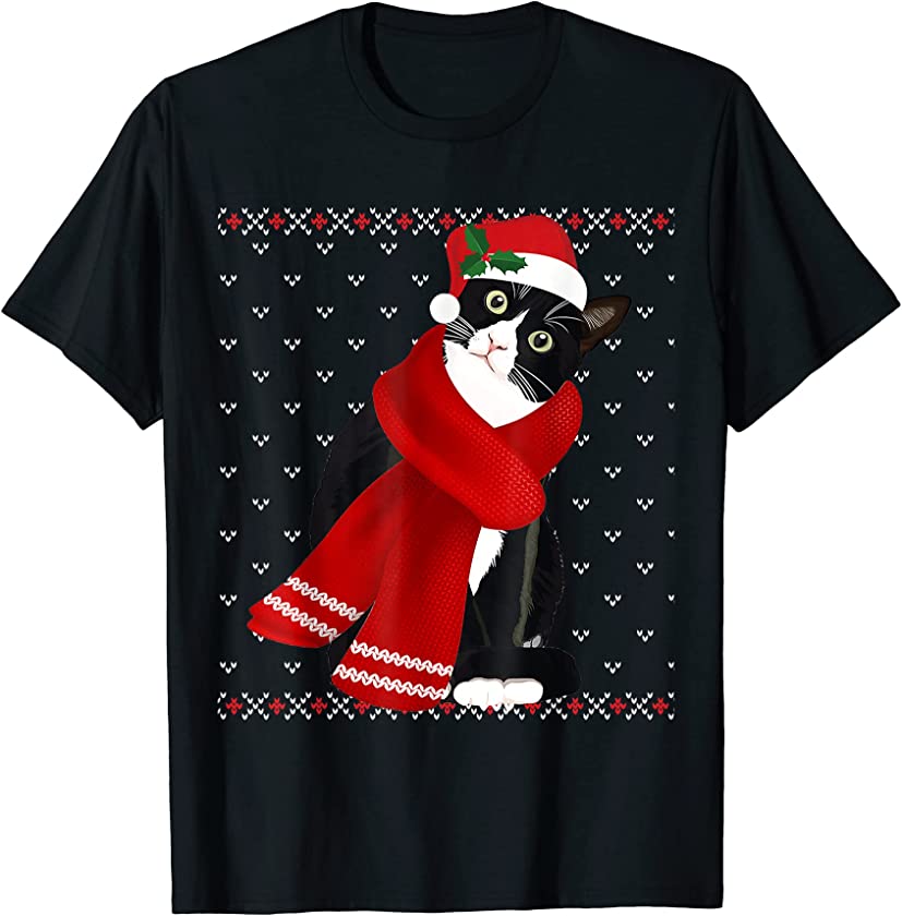 Ugly Christmas Black Cat Santa Hat Scarf Holiday Cute Gifts T-Shirt