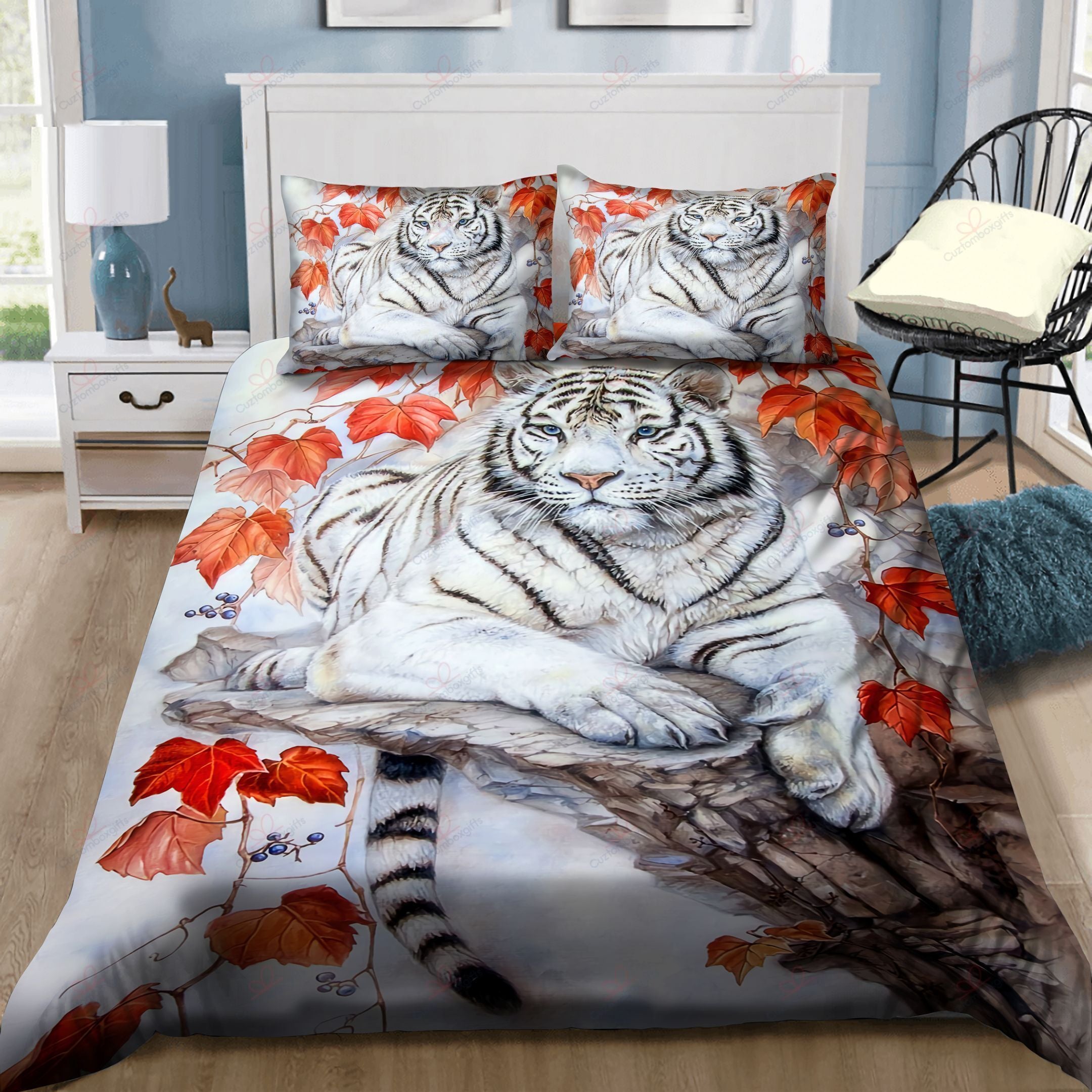 White Tiger Autumn 3D Bedding Set Bedroom Decor