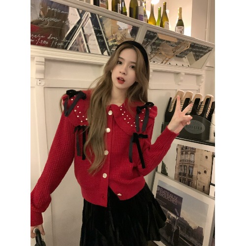 Sweet Girl Red Peter-pan Collar Sweater Coat Women’s Autumn and Winter New Loose Bow Knitted Cardigan Fashion Female Clothes alx