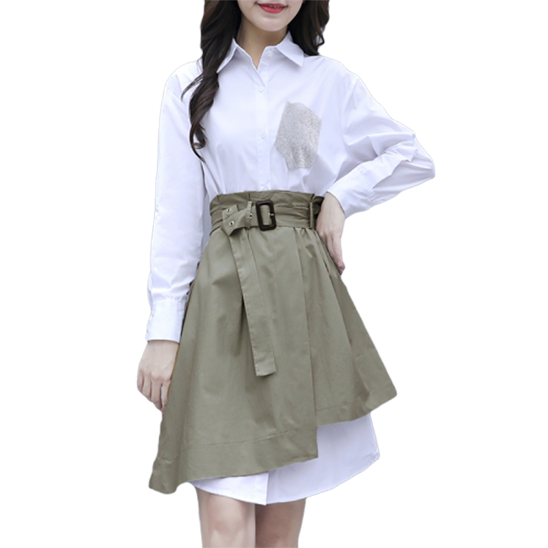 White Shirts Suit Stylish Beaded Pockets Turn Down Collar long Blouse + Irregular Skirt Women Fashion Outfits Office 2 Piece Set alx