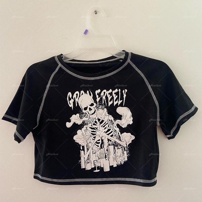 Vintage Gothic graphic clothes crop top E-girl skeleton women’s T-shirt Harajuku Y2K black sweet girl slim skull print Aesthetic alx