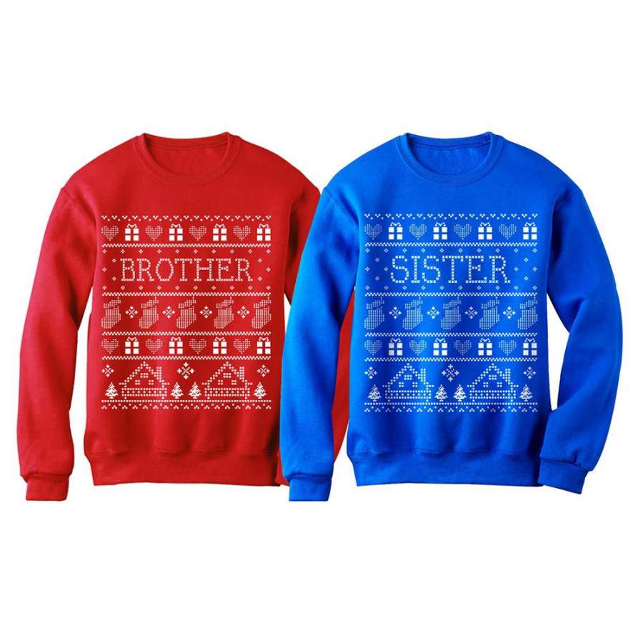 Brother & Sister Ugly Christmas Matching Sweatshirts Set Xmas Gift for Siblings