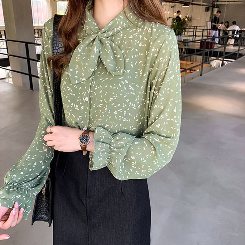 Summer Autumn Elegant Fashion Floral Print Bow Long Sleeve Chiffon Shirt Top Women Loose Casual Blusa All-match Cardigan Blouse alx