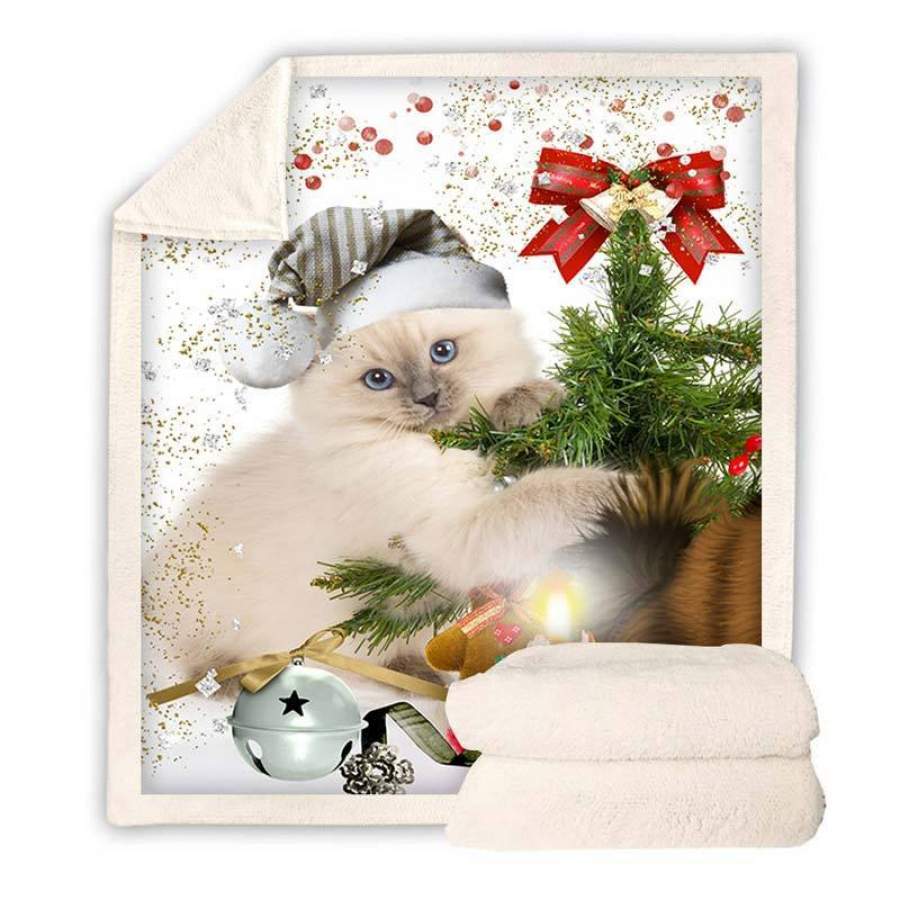 White Christmas Blanket for Adults Kids | Christmas Cat Fleece Throw Blanket