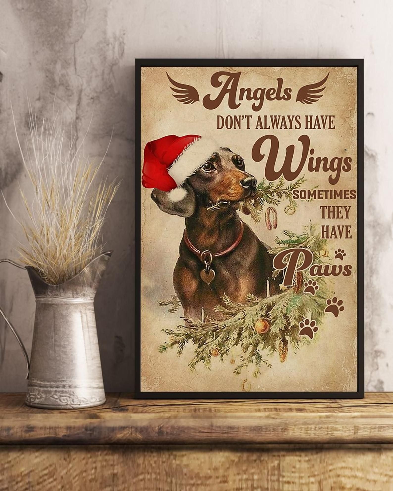 Angel Christmas Dachshund Dog With Red Hat Christmas Gift Vertical Satin Portrait Canvas Prints Poster Wall Art Decor