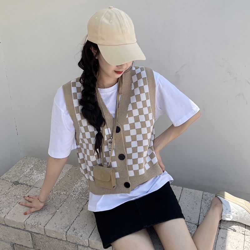 Checkerboard Plaid Oversize Sweater Vest Vintage Streetwear Harajuku Women Korean Style V-neck Jumper Female Black Tops alx