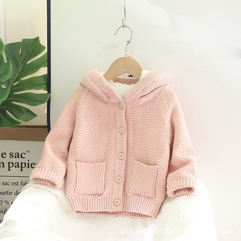 2022 new autumn and winter clothes girls thickened hooded plus fleece sweater coat pockets female baby Kids cardigan alx