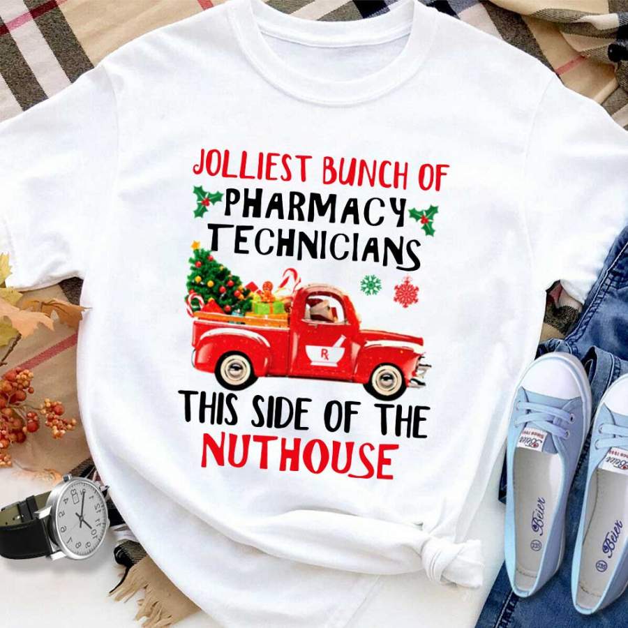 Christmas jolliest bunch of pharmacy technicians nuthouse xmas tree candy cane white cotton t shirt for men and women S-6XL