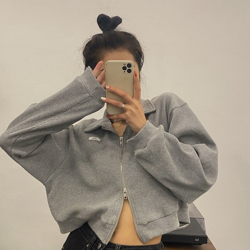 Sweatshirts Women Zipper Turn-down Collar Solid Cropped Loose Streetwear Harajuku Casual All-match Stylish Female Vintage Cozy alx