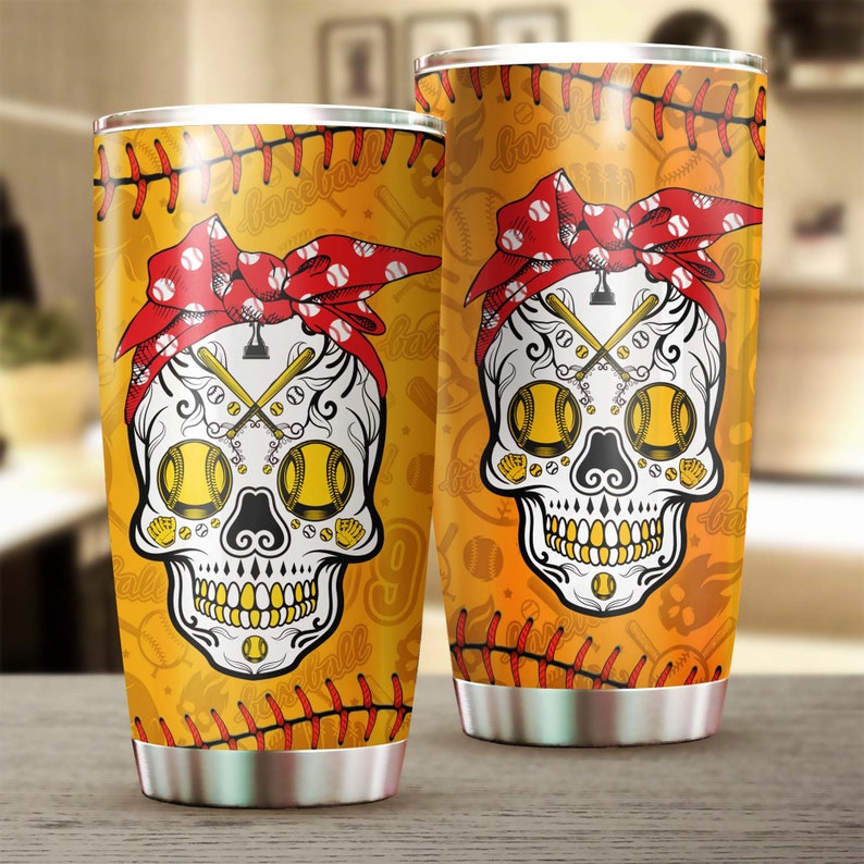 Softball Sugar Skull Tumbler-Skull Tumbler-Fancy Skull Birthday Gift Christmas Gift For Her For Him