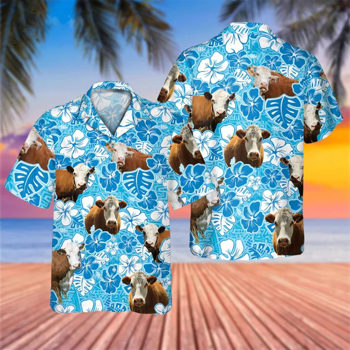 Hereford Blue Floral Hawaii Cow Lovers Shirt For Men Ha63424