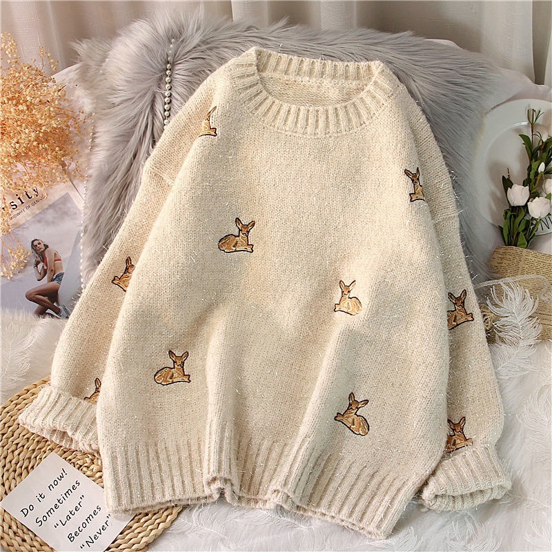 2021 Women’s Vintage College Deer Embroidery Sweater Female Korean Thick Cute Loose Harajuku Clothing oversized sweater alx