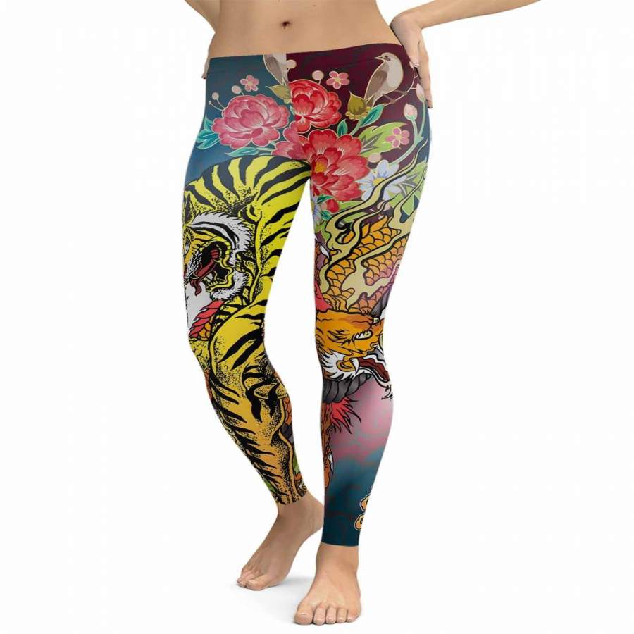 Dragon Tiger Flowers Leggings