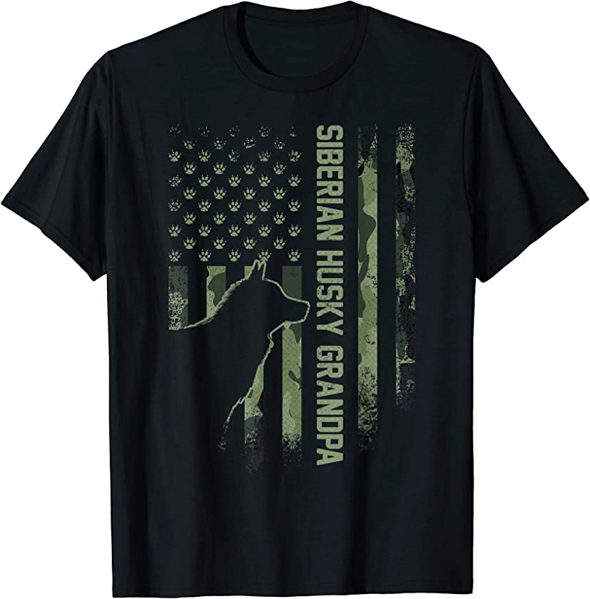 Vintage US Camo Flag Proud Siberian Husky Grandpa Silhouette T-Shirt