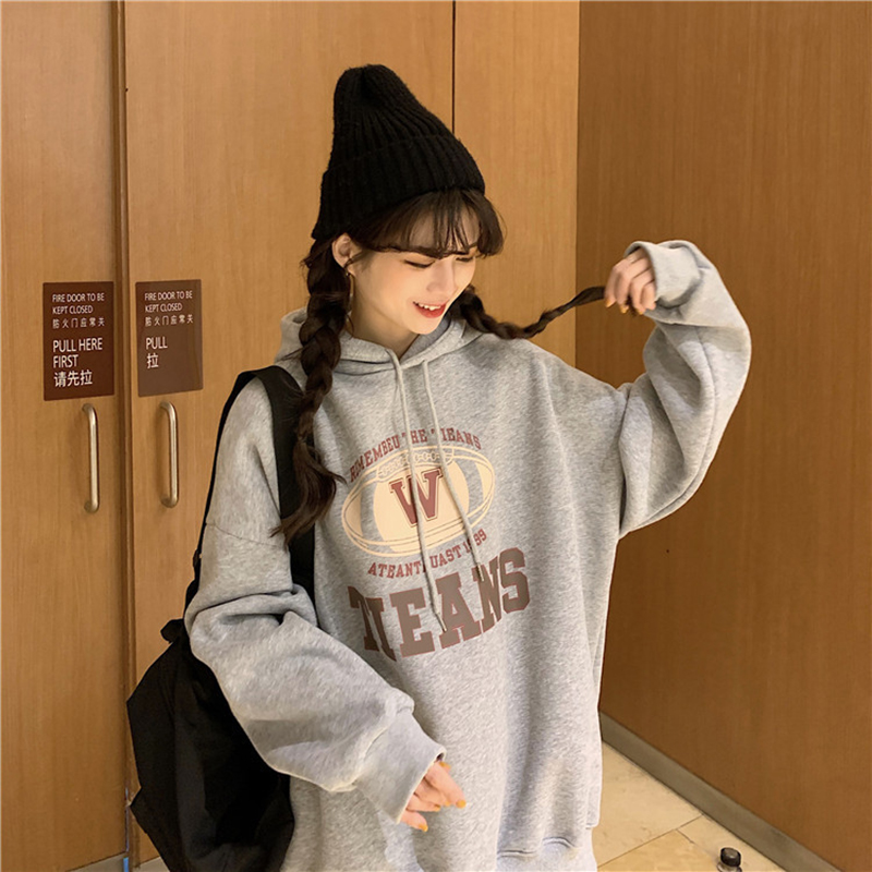 Women’s Hooded Sweater Retro Trend Loose Lazy Letter Print Y2K Autumn and Winter All-match Top Plus Fleece Pullover alx