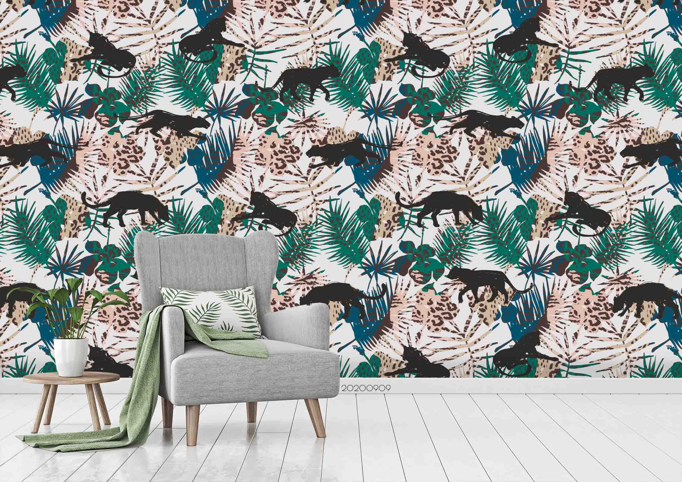 3D Leopard Pattern Animal Green Plant Wall Mural Wallpaper Lxl