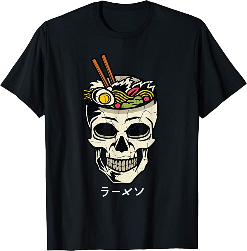 Vintage Japanese Ramen Noodles Skull Brain Graphic T-Shirt