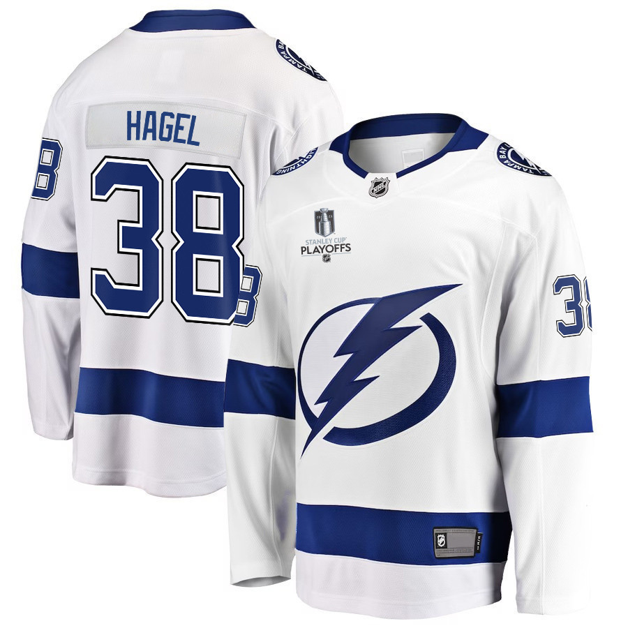 Brandon Hagel 38 Tampa Bay Lightning Stanley Cup 2023 Playoffs Patch Away Breakaway Men Jersey – White