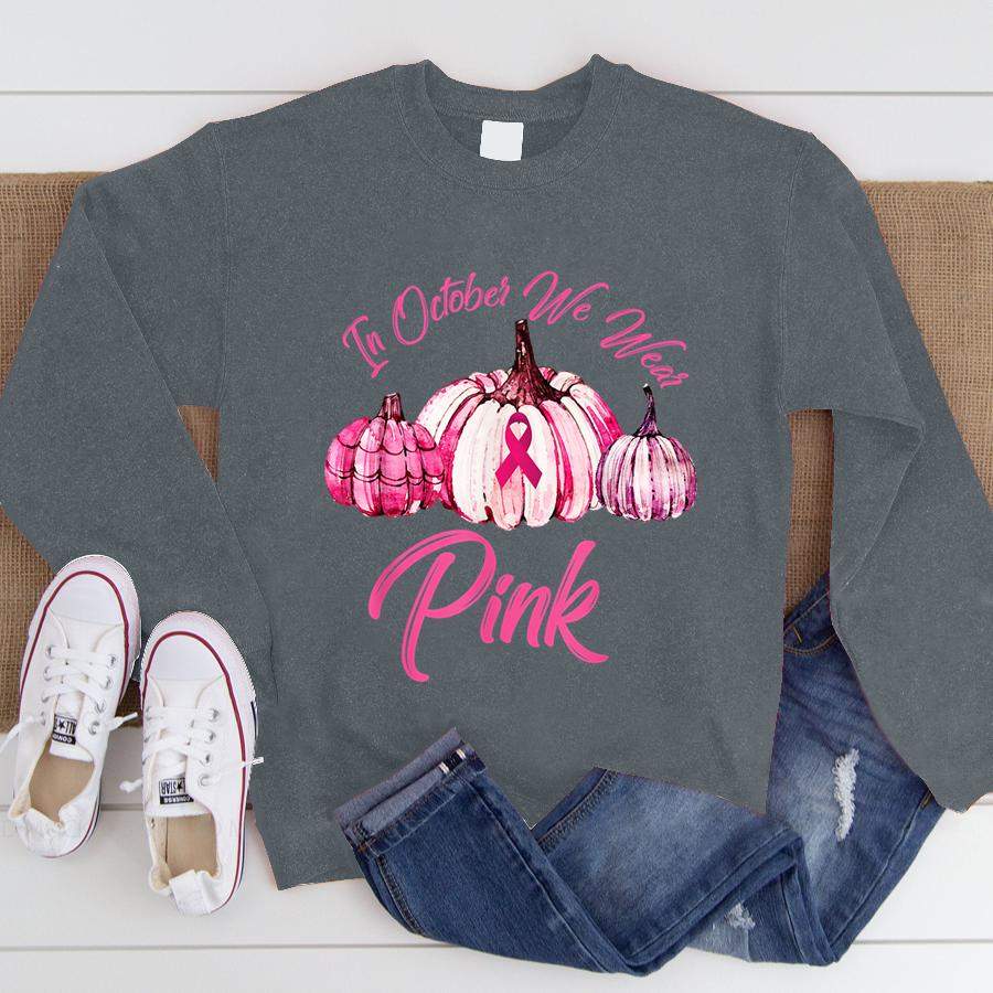 In October We Wear Pink Pumpkin Breast Cancer Halloween  Sweatshirt