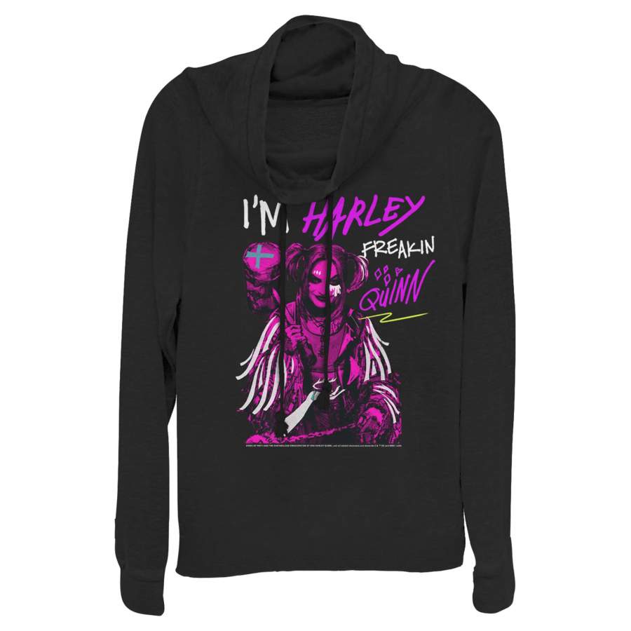 Birds of Prey Junior’s Harley Freakin’ Quinn Cartoon  Cowl Neck Sweatshirt