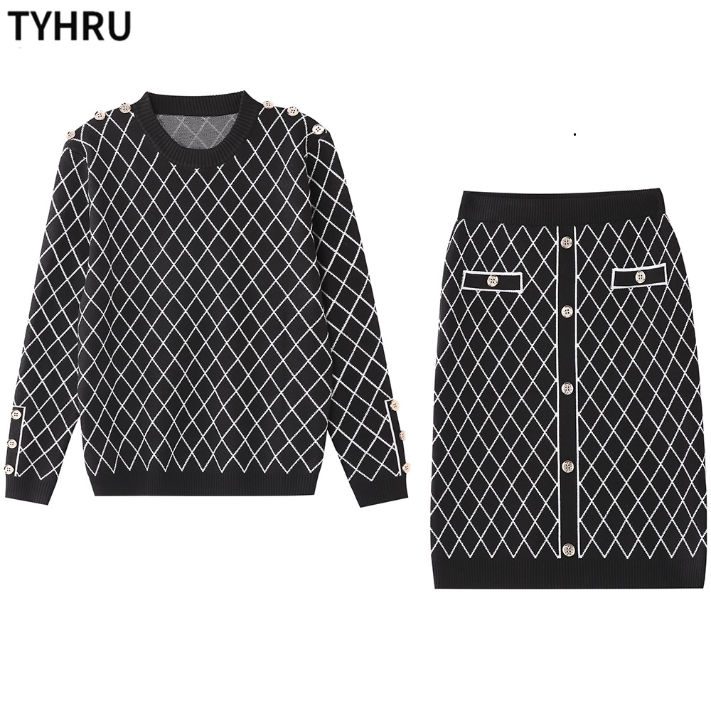 TYHRU Diamond Lattice Skirt Suits Women Knitted Tracksuits O-neck Pullover Sweater+Slim Knitting Buttons Skirt 2-Piece Set alx