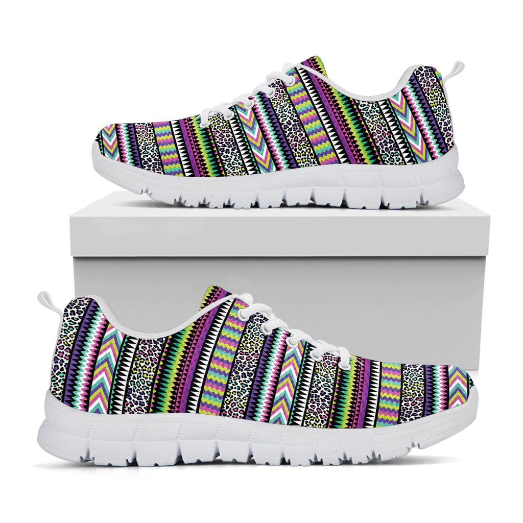 Colorful Leopard Navajo Tribal Print White Sneakers