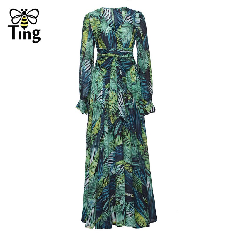 Tingfly Women Plus Size 4XL Casual Long Dress Chic Tropical Leaf Print Maxi Dress Bohemian V neck Fashion Dress Summer Vestidos alx