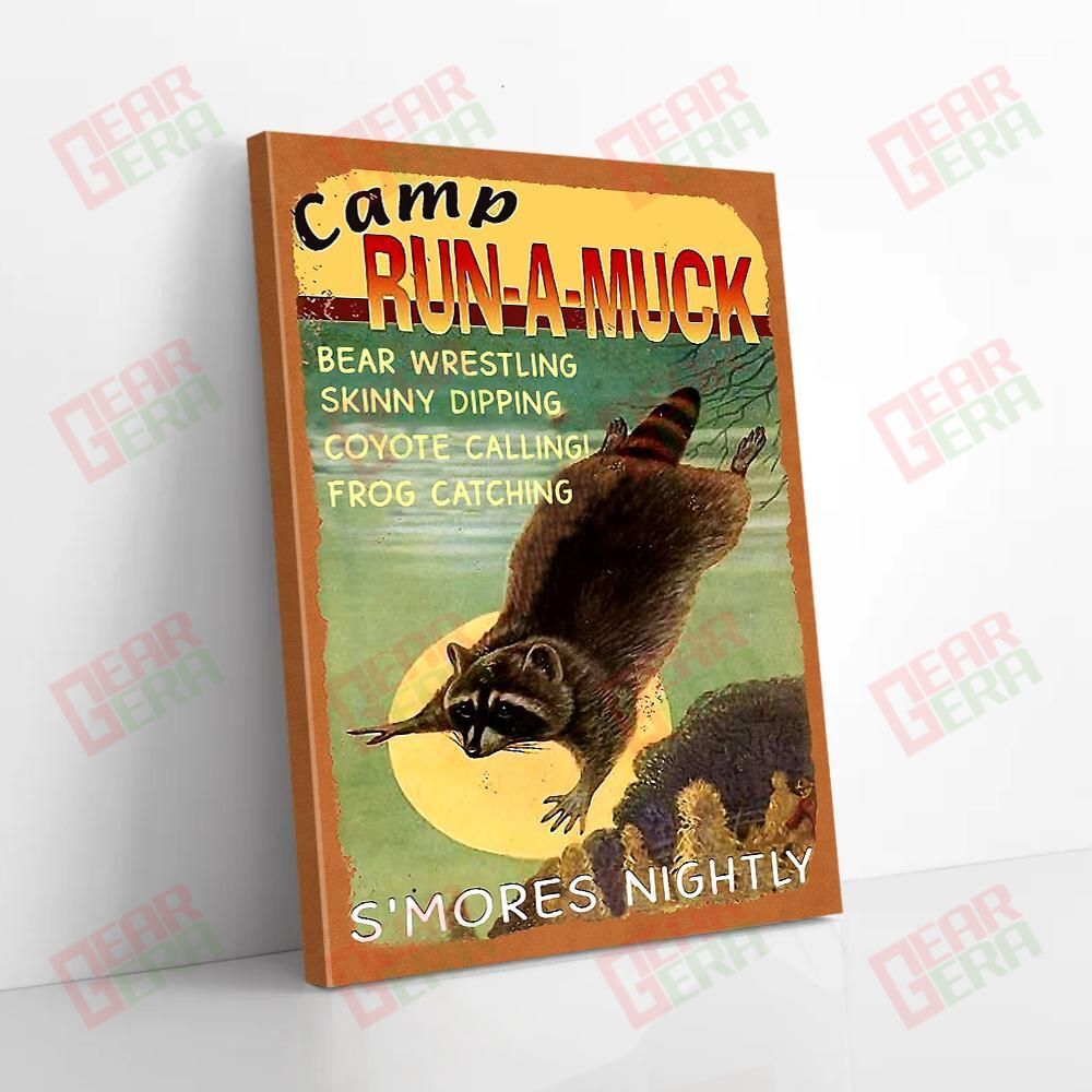 Canvas Prints Camp Run A Muck S’Mores Nightly Raccoon Vintage Art Canvas Alluring Canvas Home Decoration