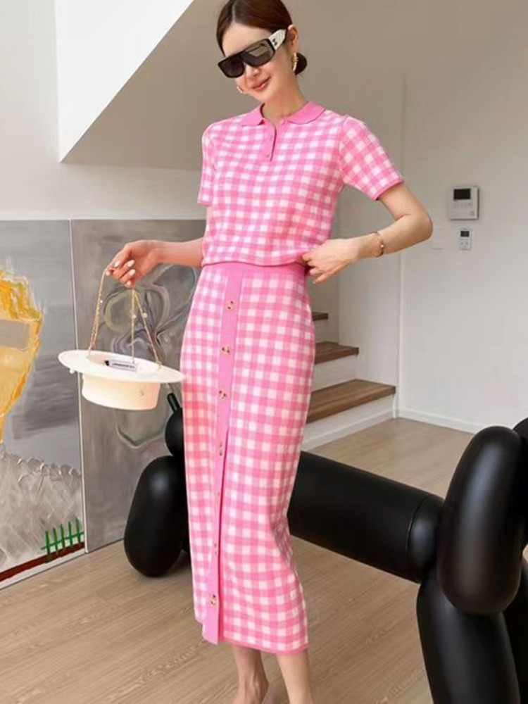 Women Summer Fashion Pink Plaid Kniting 2 Pieces Sets Knitted Jumper Pullovers & Midi Skirts Fashion Dress Sets Outfits alx