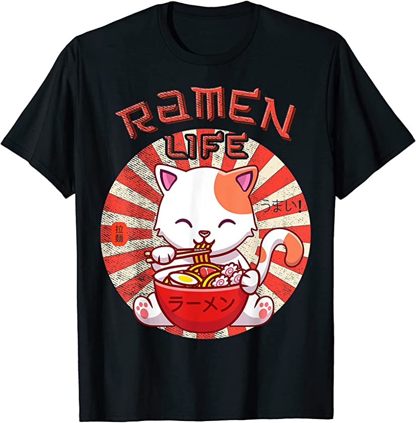 Cute Cat Ramen Life Gift Tee Kawaii Anime Cats Kitten Lover T-Shirt