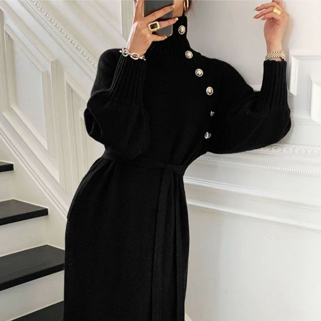 Turtleneck Sweaters Long Sleeves Dresses for Women Party Pullovers 2022 New Autumn Winter Button Skirts Ladies Female Clothing alx