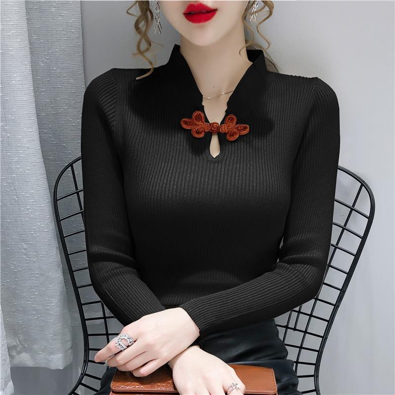 Sweater knitted sweater 2021 spring and autumn new style retro long-sleeved half-high collar western-style blouse women alx